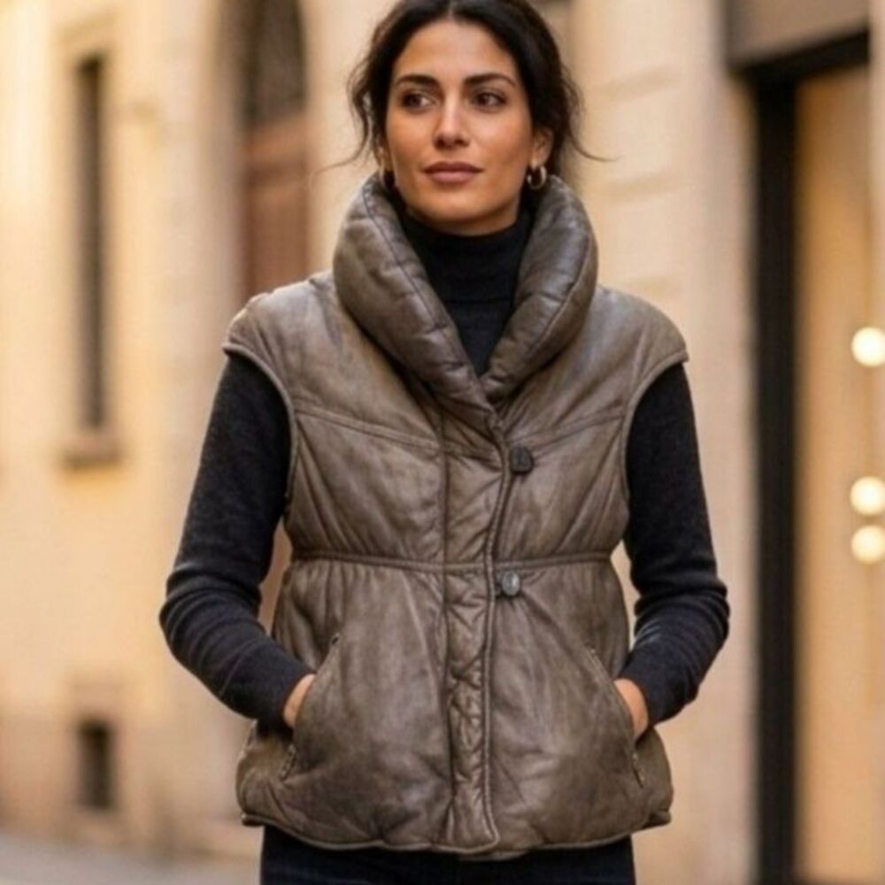 Giorgio Brato Distressed Brown Lambskin Leather Puffer Vest Gilet IT44 Fits SM
